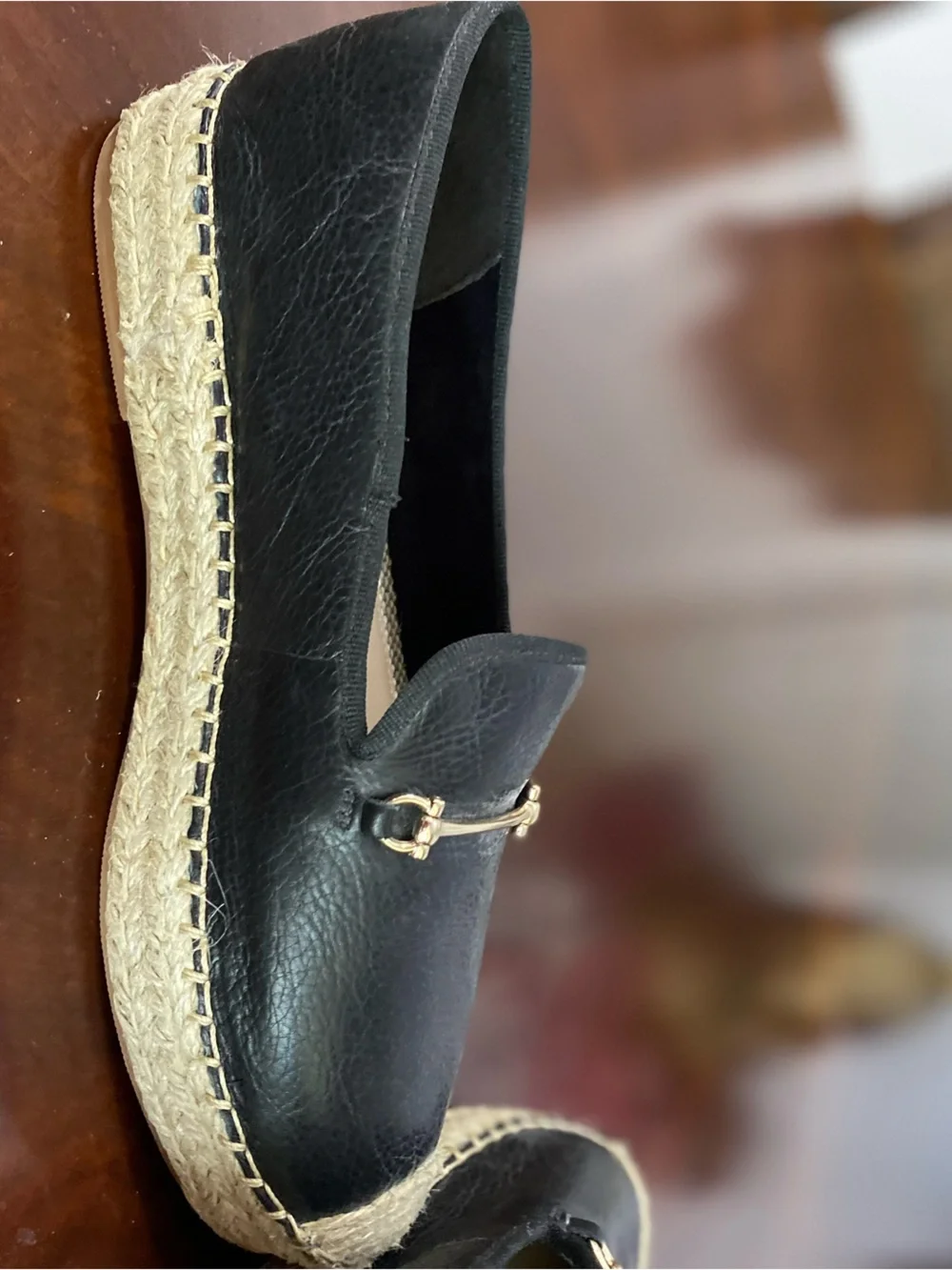 Steve Madden Black Leather Espadrille Loafers with Jute Trim